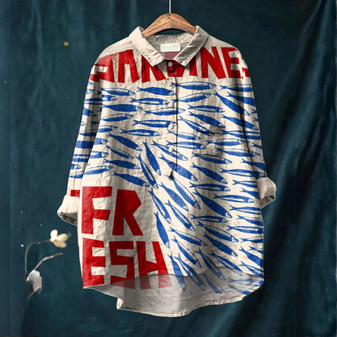 Flowing Collared Blouse for Women – Structured Shoulders, Loose or Tucked, Print 57