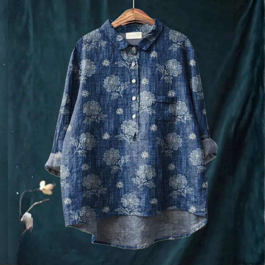 Women's Shirt-Style Blouse with Collar – Softly Structured Shoulders, Print 64
