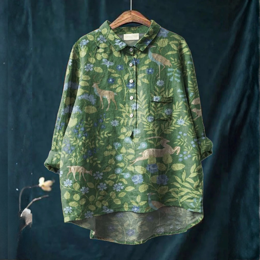 Placket Front Collared Blouse for Women – Structured Shoulders, Print 66