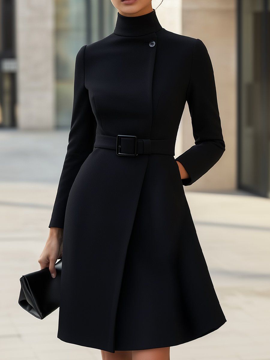 High-Neck A-Line Dress for Women – Belted Waist, Asymmetric Hem