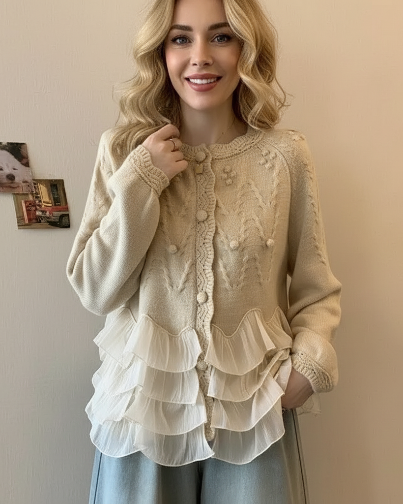 Knit Ruffle Cardigan for Women – Warm Lining, Structured Shoulders in Beige