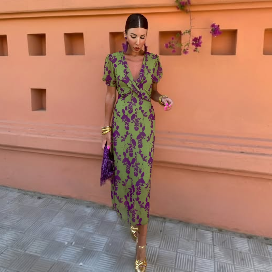 Floral Print Maxi Dress for Women – Timeless Shape, Skimming Silhouette in Green