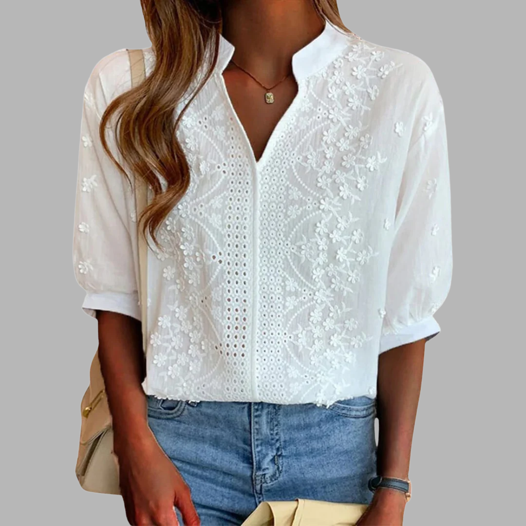 Puff Sleeve Collared Blouse for Women – Neat Placket, Soft Shoulders in White