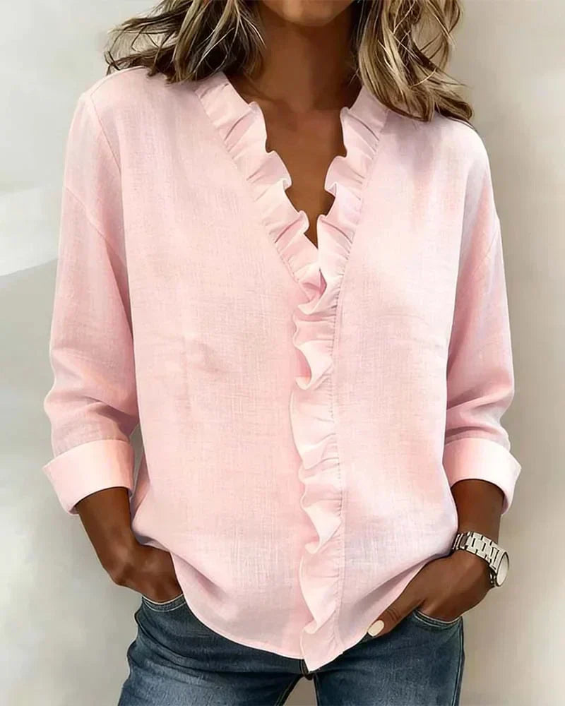 Ruffle Blouse for Women – Neat Collar and Placket, Softly Structured Shoulders