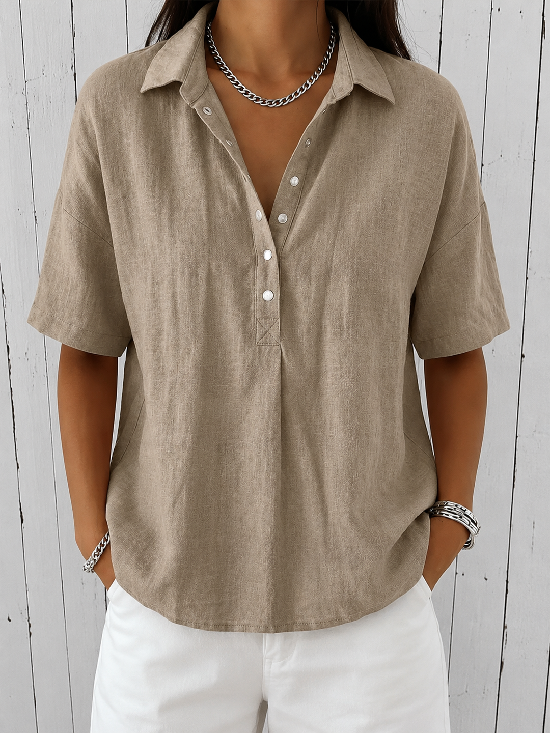 Neat Collar Blouse for Women – Tuck In or Wear Loose, Comfortable Sleeves in Khaki