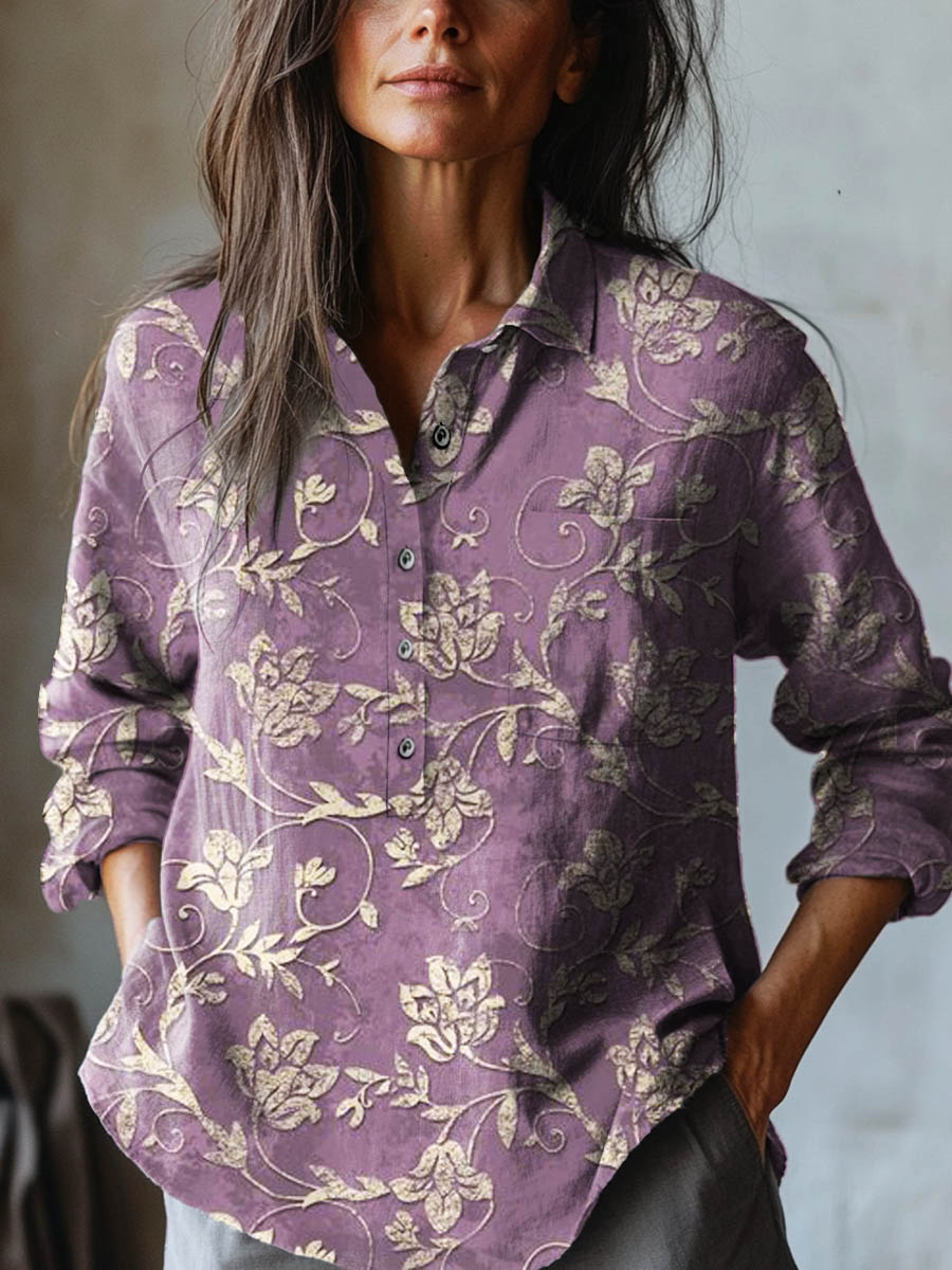 All-Over Print Lightweight Blouse for Women – Breathable Fabric, Collared Placket