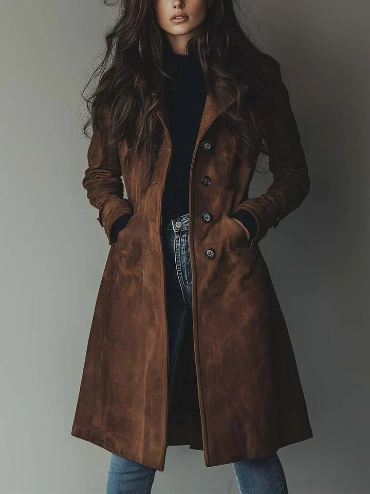 Faux Suede Button-Front Coat for Women – Warm Lining, Fitted Waist in Brown