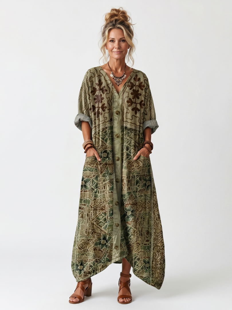 Embroidered Button-Front Midi Dress for Women – Relaxed Fit, Breathable Fabric in Green