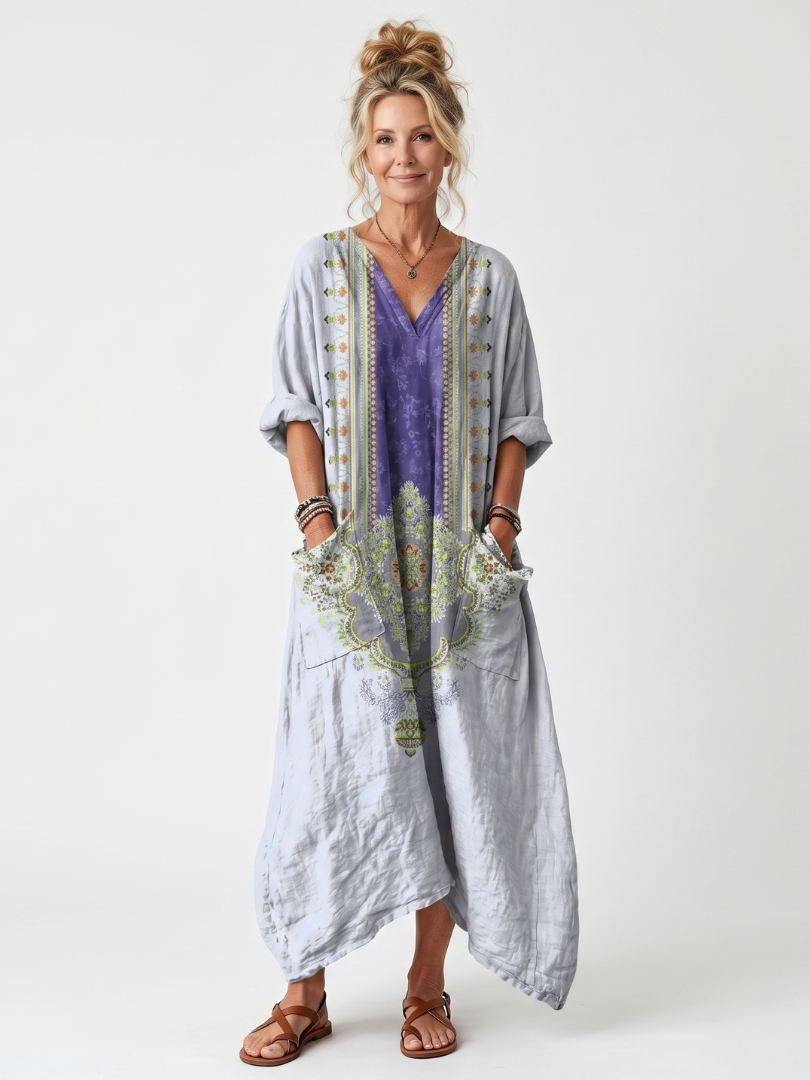 Embroidered Relaxed Midi Dress for Women – Breathable Fabric, Bohemian Style