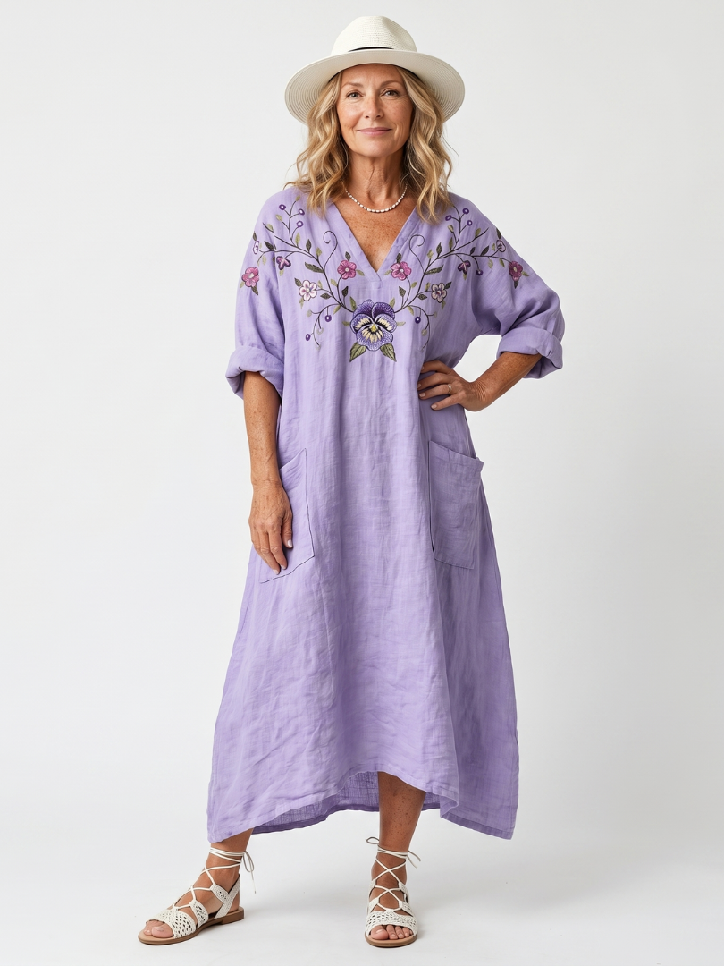 Embroidered Floral Midi Dress with Pockets for Women – Relaxed Fit in Purple