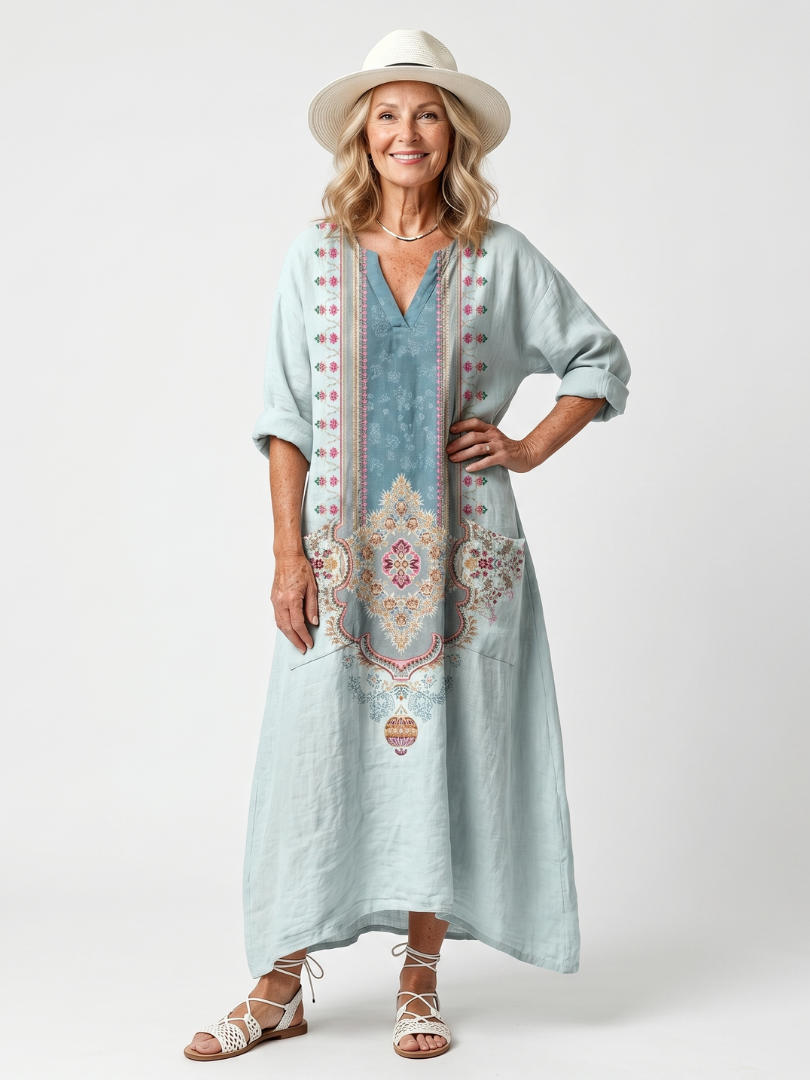 Embroidered Midi Dress with Side Pockets for Women – Relaxed Fit, Breathable Fabric