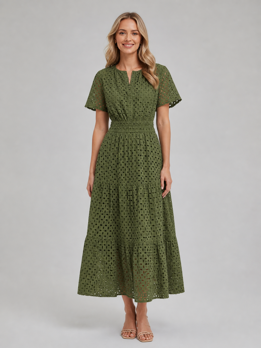 Eyelet Tiered A-Line Midi Dress for Women – Cotton Blend, Defined Waist