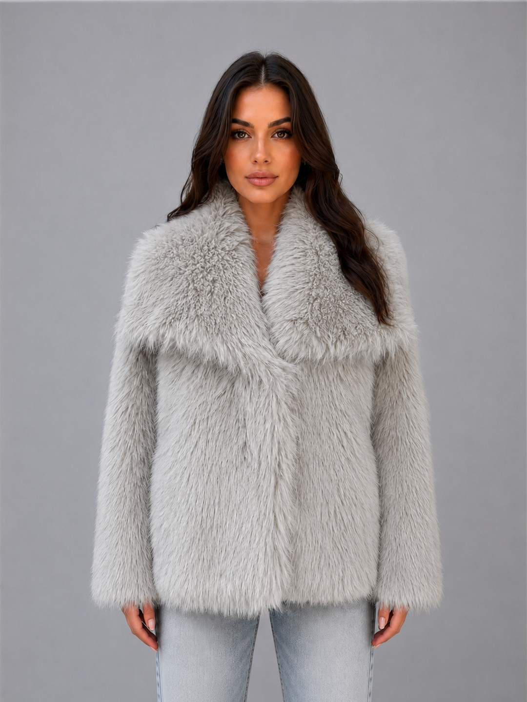 Faux Fur Open-Front Jacket for Women – Oversized Shawl Collar, Relaxed Silhouette in Stone