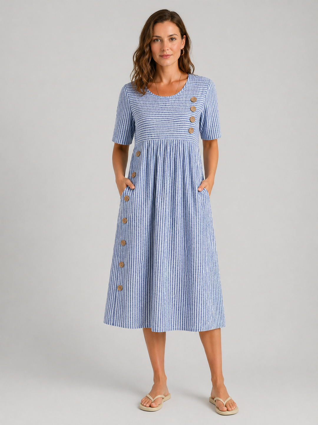 Striped A-Line Midi Dress for Women – Side Button Detail, Side Pockets, Breathable Fabric