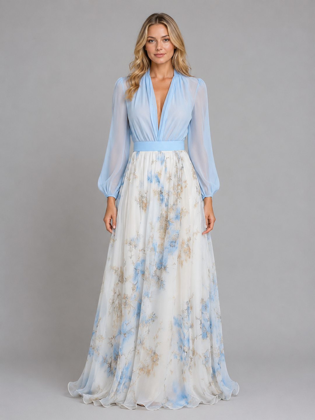 Floral Chiffon-Feel Maxi Dress for Women – Deep V-Neck, Sheer Sleeves in Light Blue
