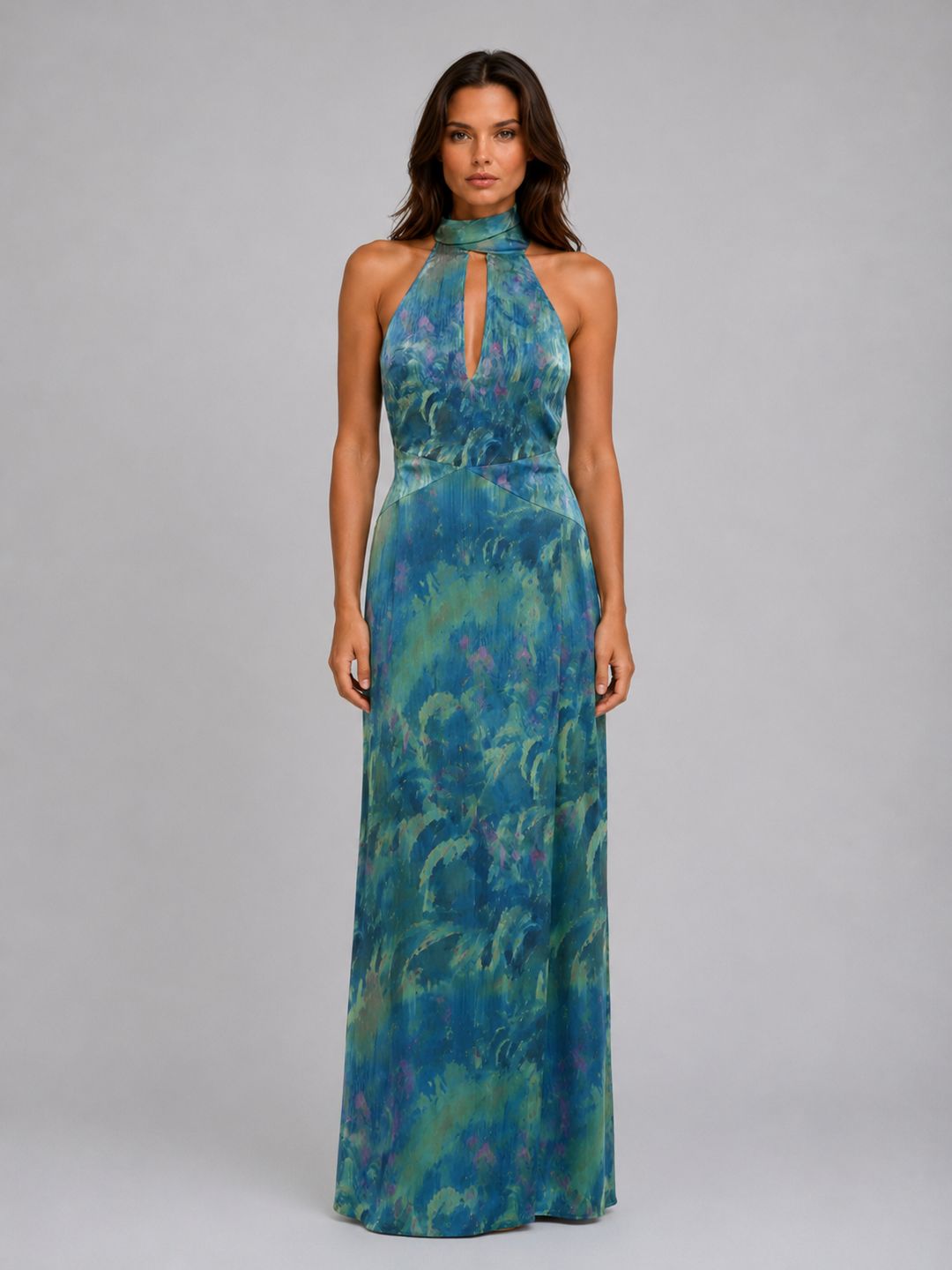Chiffon Halter Maxi Dress for Women – Scarf Panels, Keyhole Detail, Open Back in Turquoise