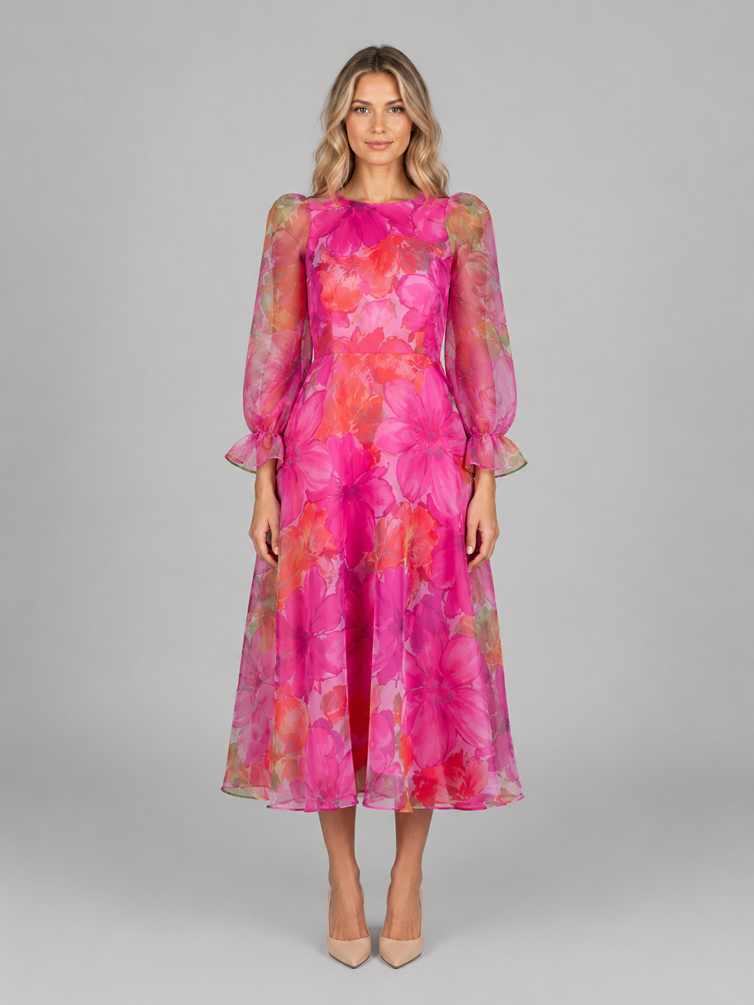 Chiffon-Feel Floral Midi Dress for Women – Sheer Long Sleeves, Fitted Waist