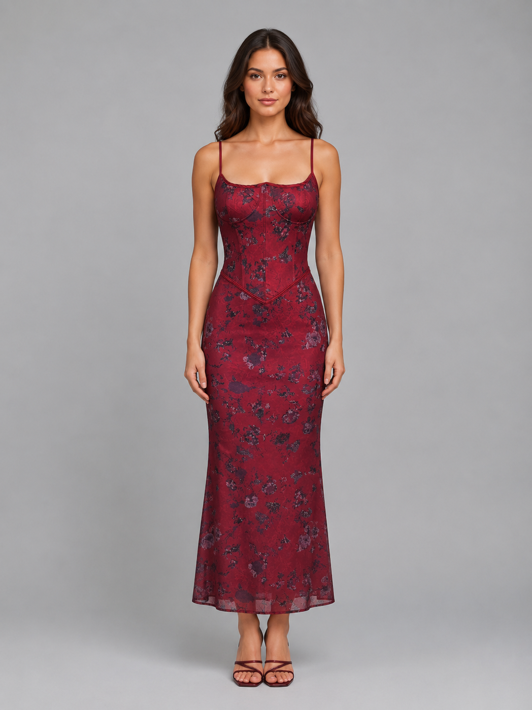 Floral Corset Maxi Dress for Women – Lace-Up Back, Sweetheart Neckline in Burgundy