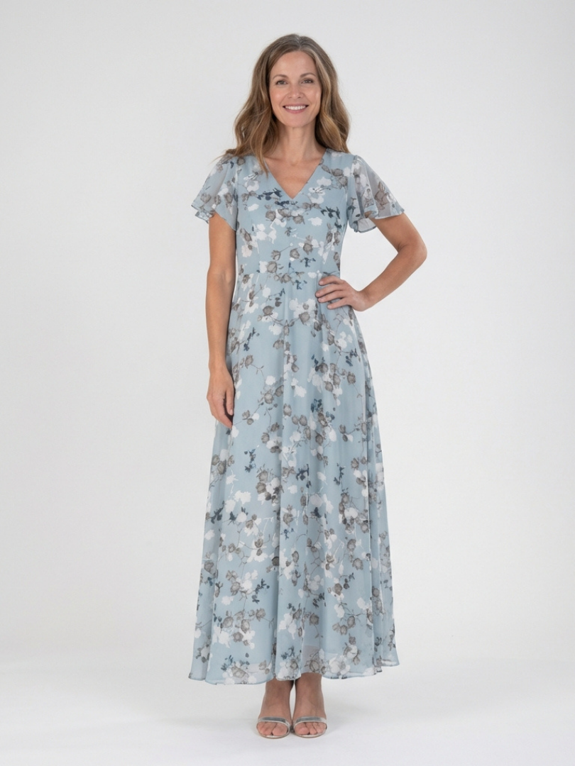 Floral Print Maxi Dress for Women – Skimming Silhouette, Easy Movement in Green