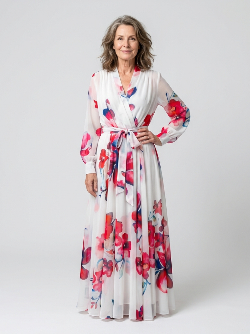Floral Maxi Dress for Women – Skimming Silhouette, Easy Walking in Red