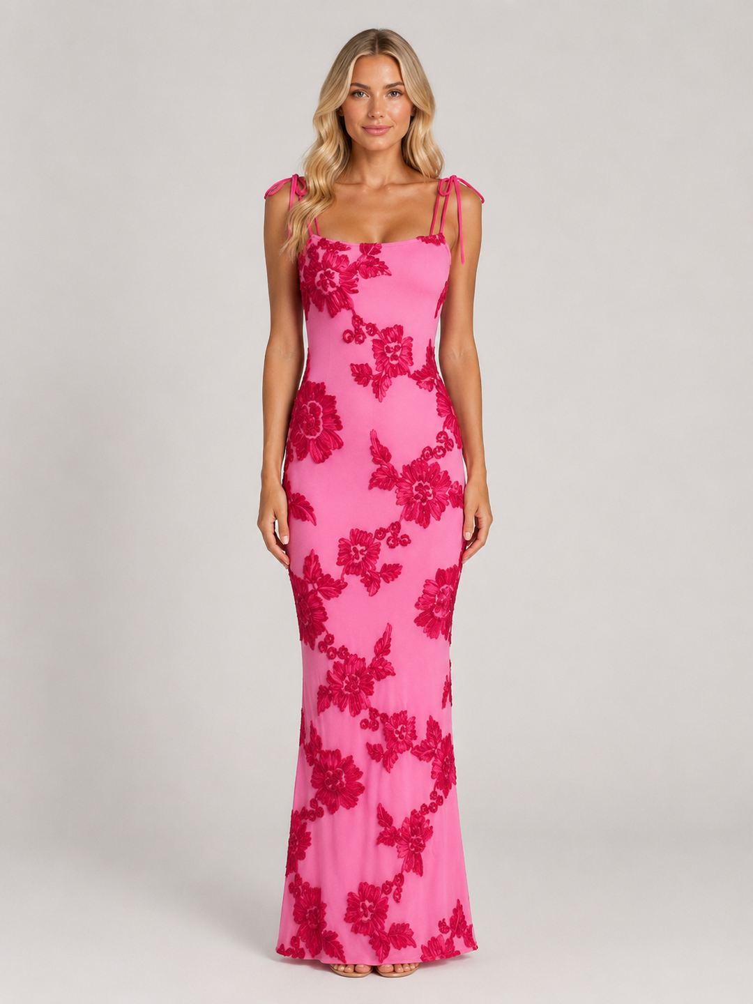 Floral Embroidered Maxi Dress for Women – Tie Shoulder Straps, Fitted Bodice