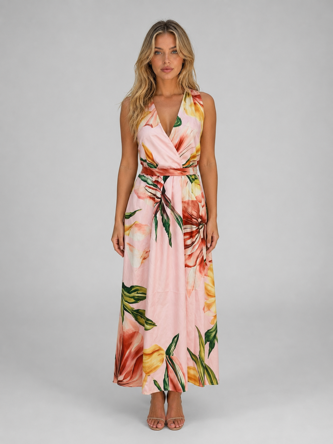 Floral Halter Maxi Dress for Women – Plunging V-Neck, Self-Tie Waist, A-Line Skirt
