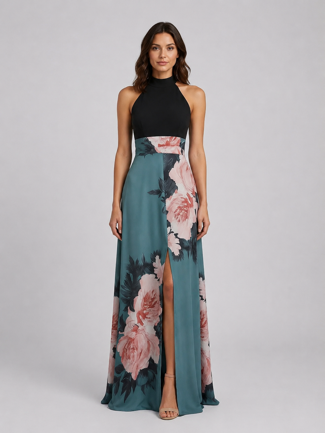 Floral Halter Neck Maxi Dress for Women – Waist Panel, Fitted Bodice, Full Skirt