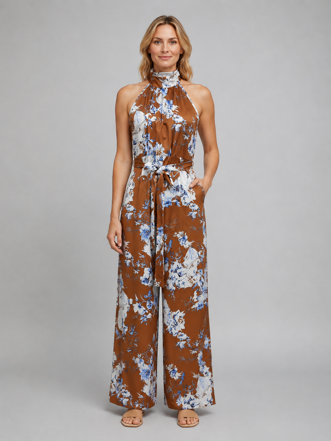 Floral Halter Neck Wide-Leg Jumpsuit for Women – Sleeveless, Self-Tie Waist, Lined