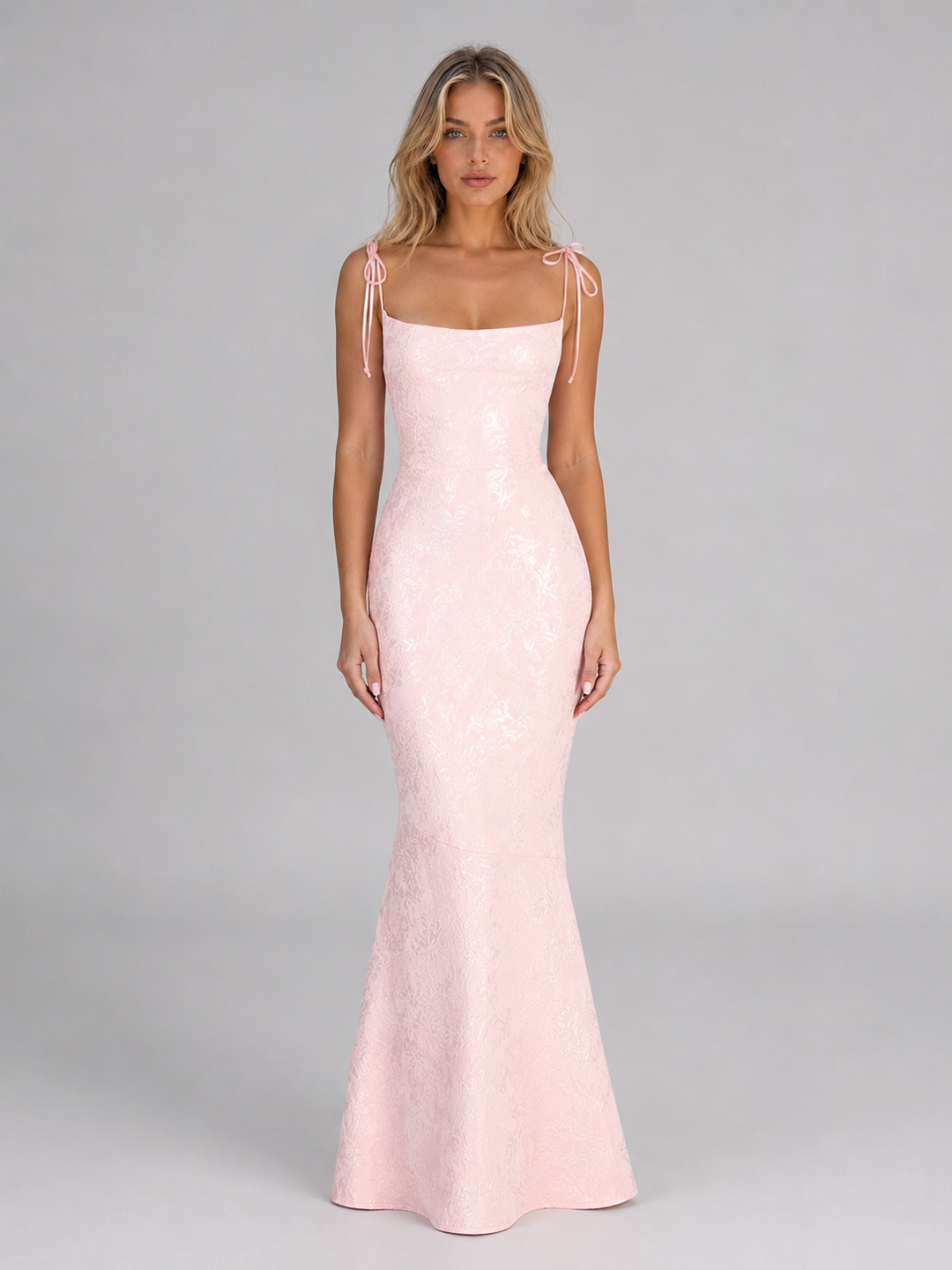 Floral Jacquard Maxi Dress for Women – Square Neckline, Tie Straps, Mermaid Hem