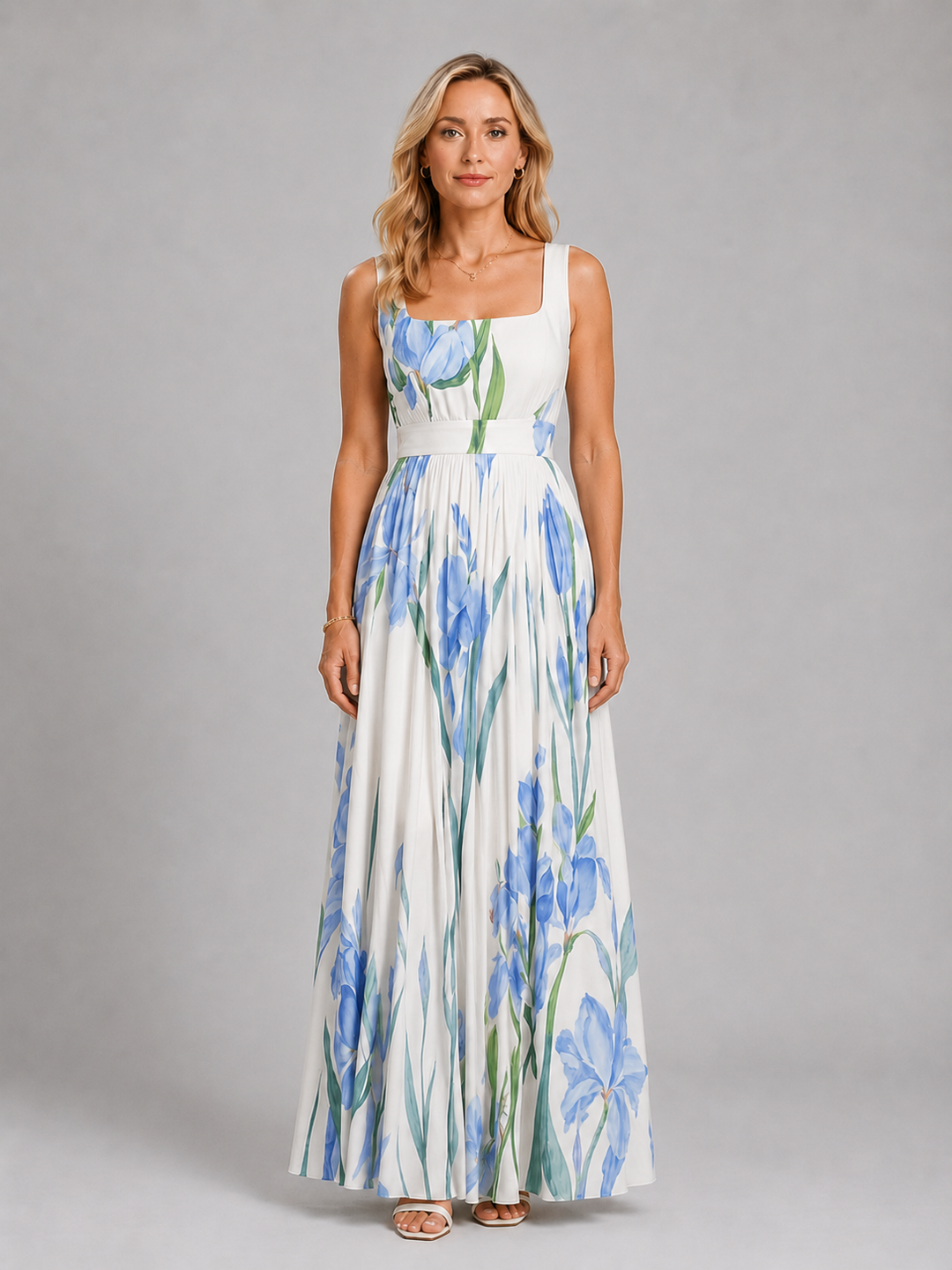 Sleeveless Floral Maxi Dress for Women – A-Line Silhouette, Square Neckline, Defined Waist