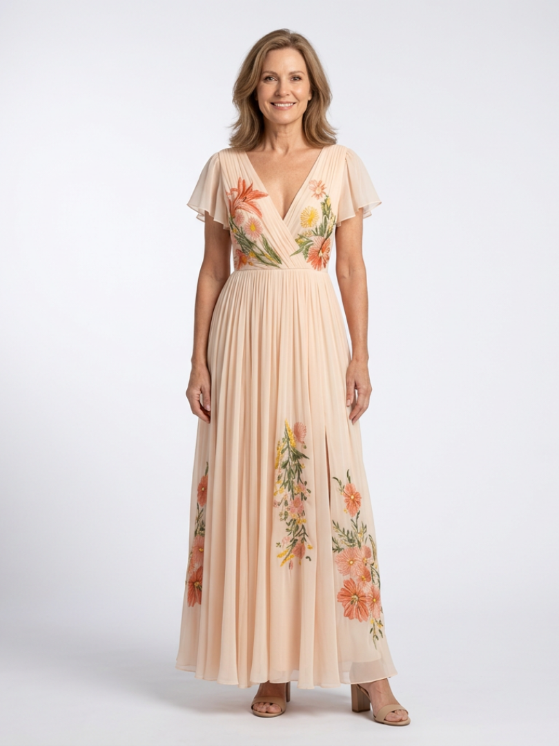 Pleated Floral Maxi Dress for Women – Skimming Silhouette, Easy Movement