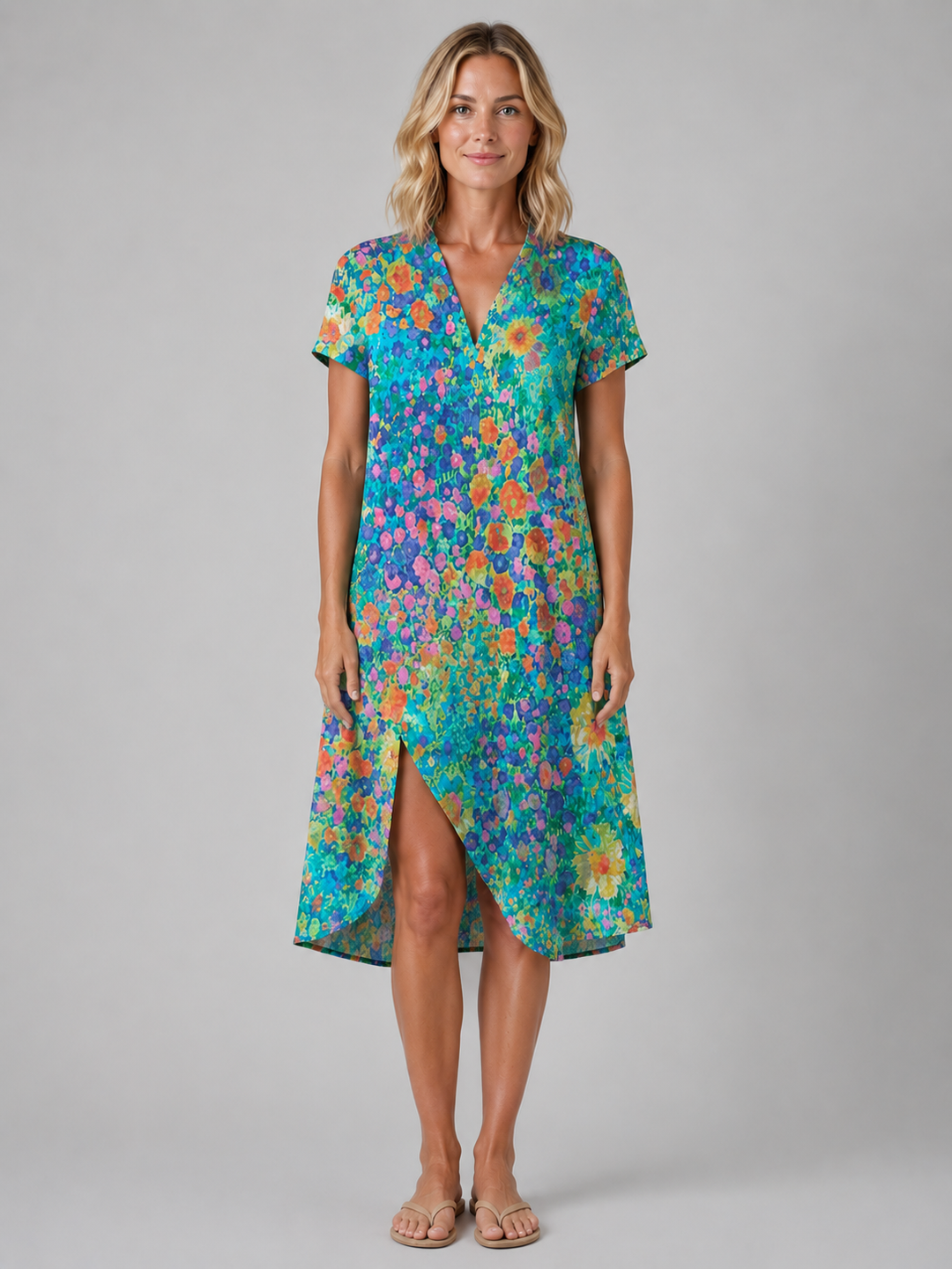 Short Sleeve Floral Midi Dress for Women – V-Neckline, Flowing Relaxed Fit