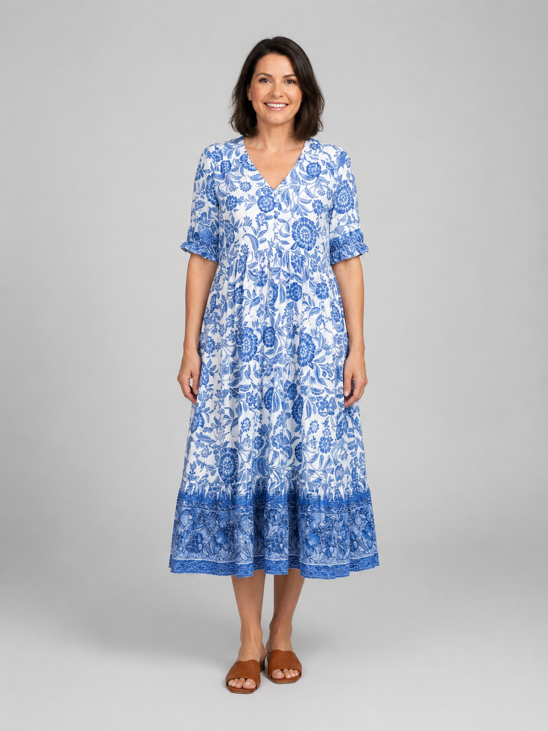 V-Neck Tiered Midi Dress for Women – Three-Quarter Sleeves, Botanical Floral Print