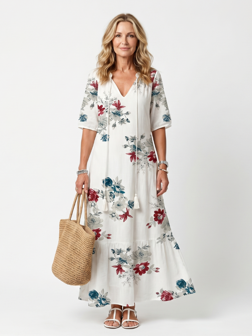 Floral All-Over Print Midi Dress for Women – Relaxed Fit, Timeless Shape in White
