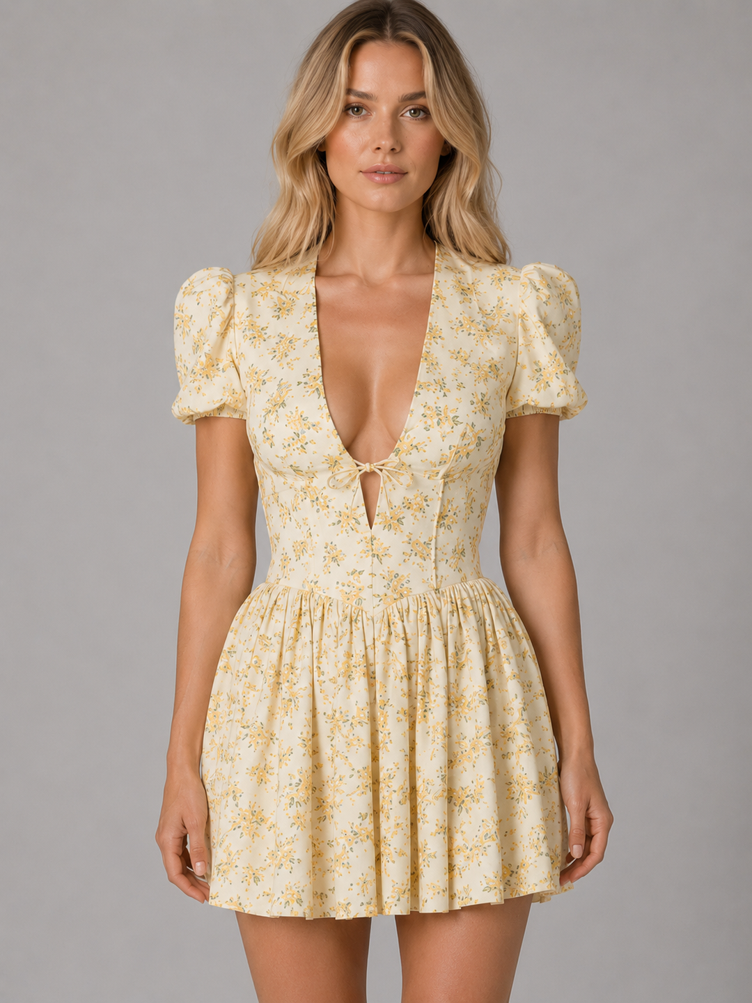 Floral Puff Sleeve Mini Dress for Women – Tie-Back, Pleated Skirt in Yellow