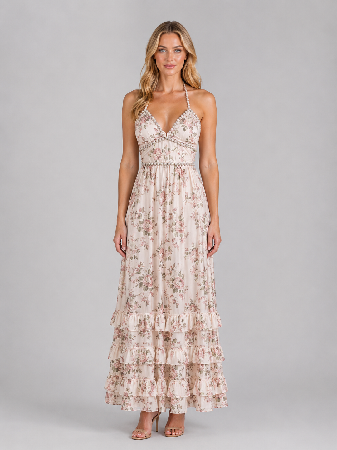 Beaded Halter Floral Maxi Dress for Women – Tiered Ruffle Skirt, Lace-Up Back