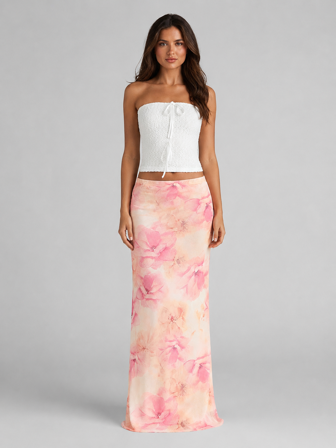 Floral Satin-Feel Maxi Skirt for Women – Elasticated Waist, Straight Cut in Floral Pink