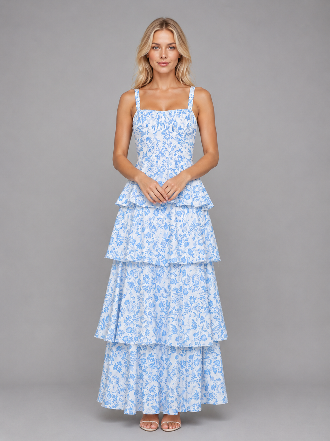 Tiered Floral Maxi Dress for Women – Gathered Neckline, Tie Back, Adjustable Straps