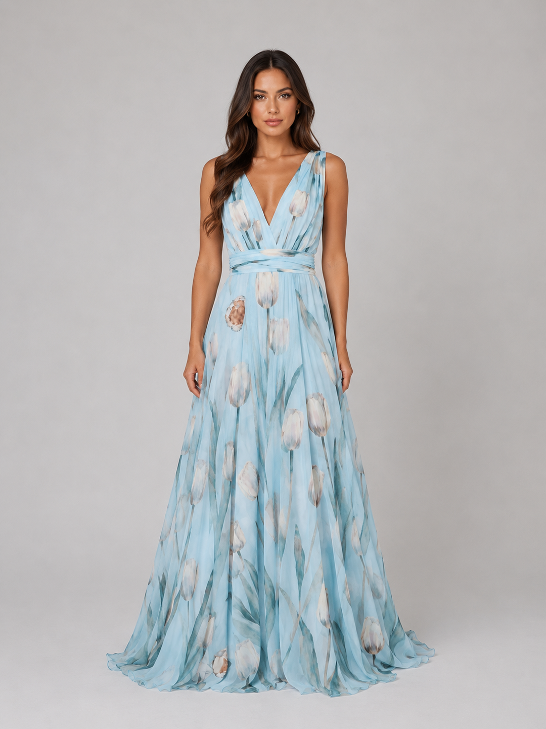 Sleeveless Floral V-Neck Maxi Dress for Women – Cinched Waist, Lightweight Fabric