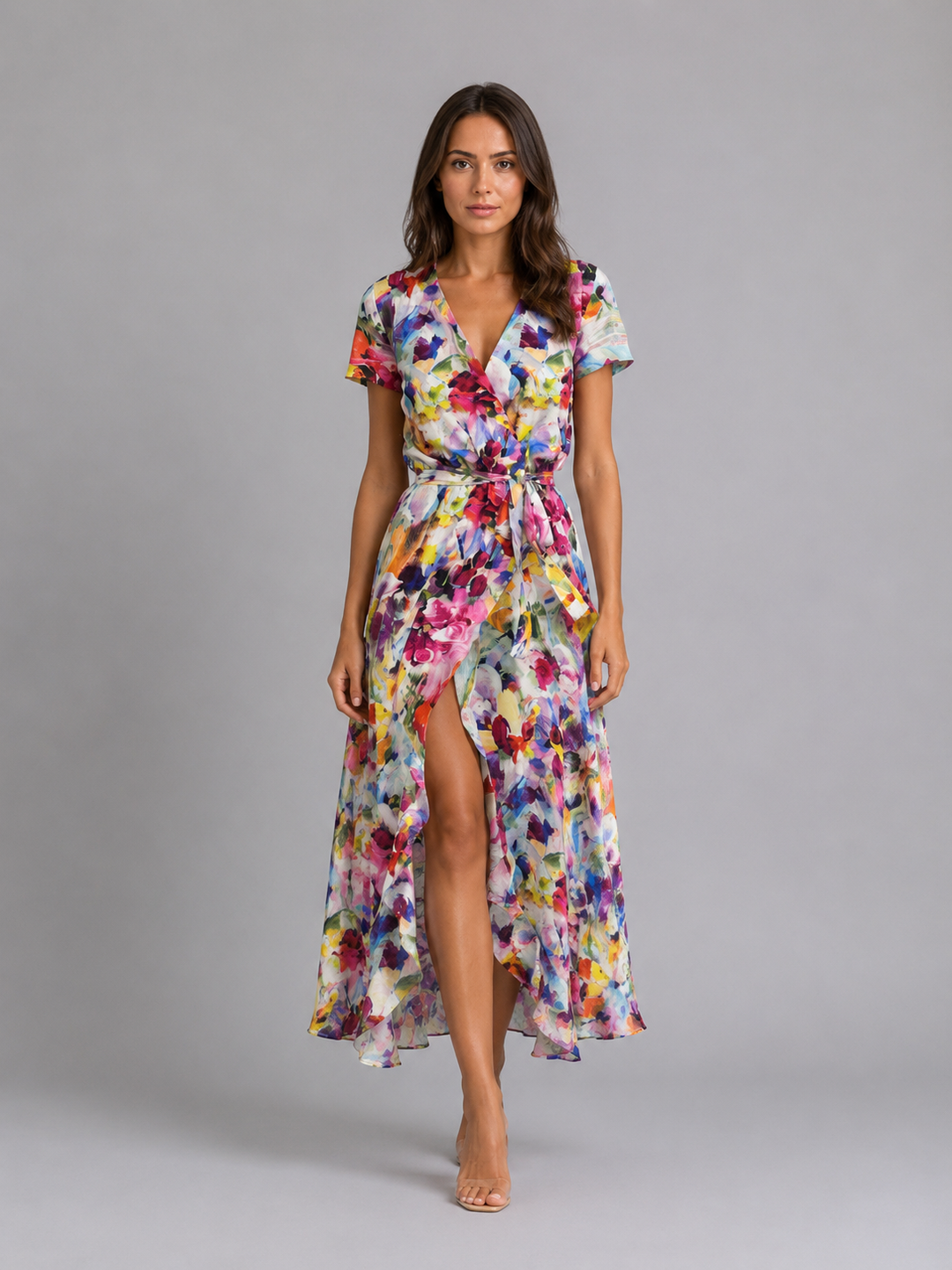Floral Wrap Midi Dress for Women – Self-Tie Waist, Front Split, Short Sleeves