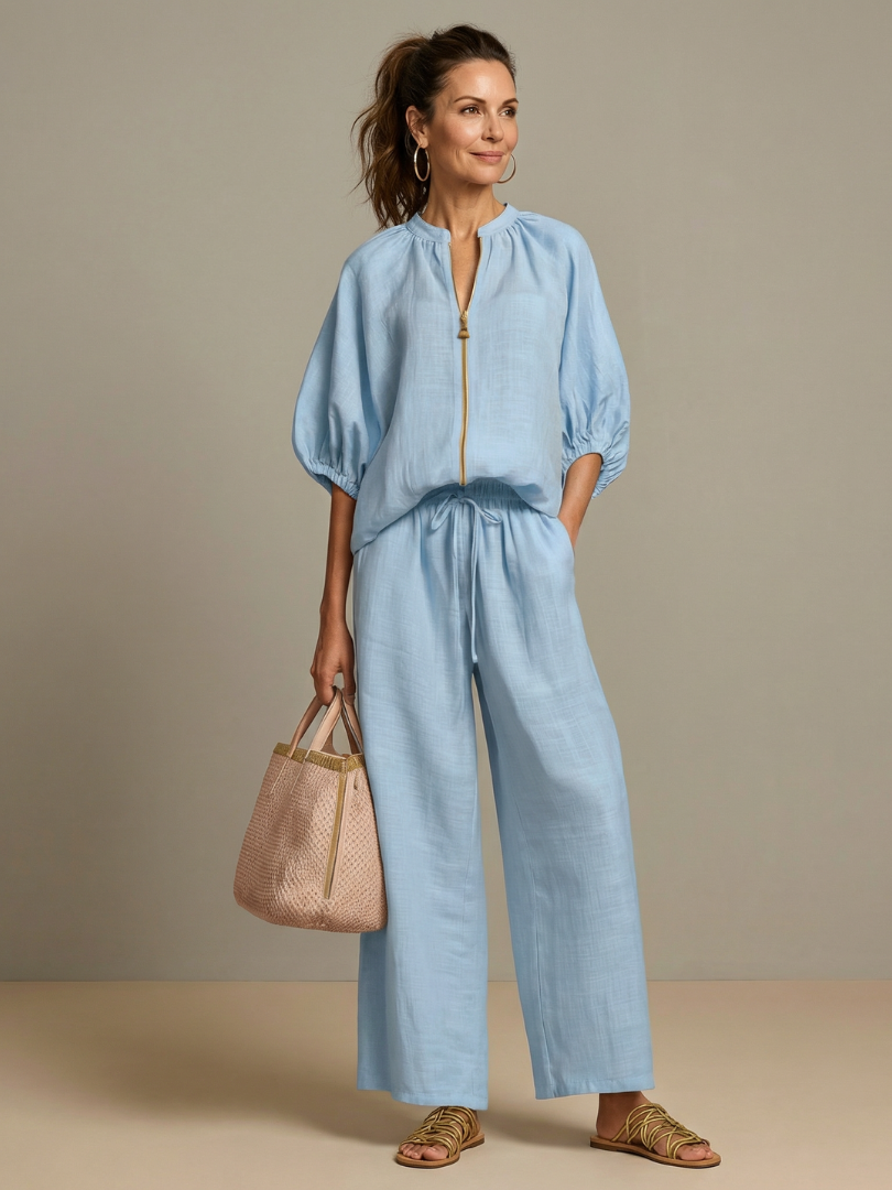 Belted Linen-Look Two-Piece Set for Women – Relaxed Fit, Coordinated Pieces