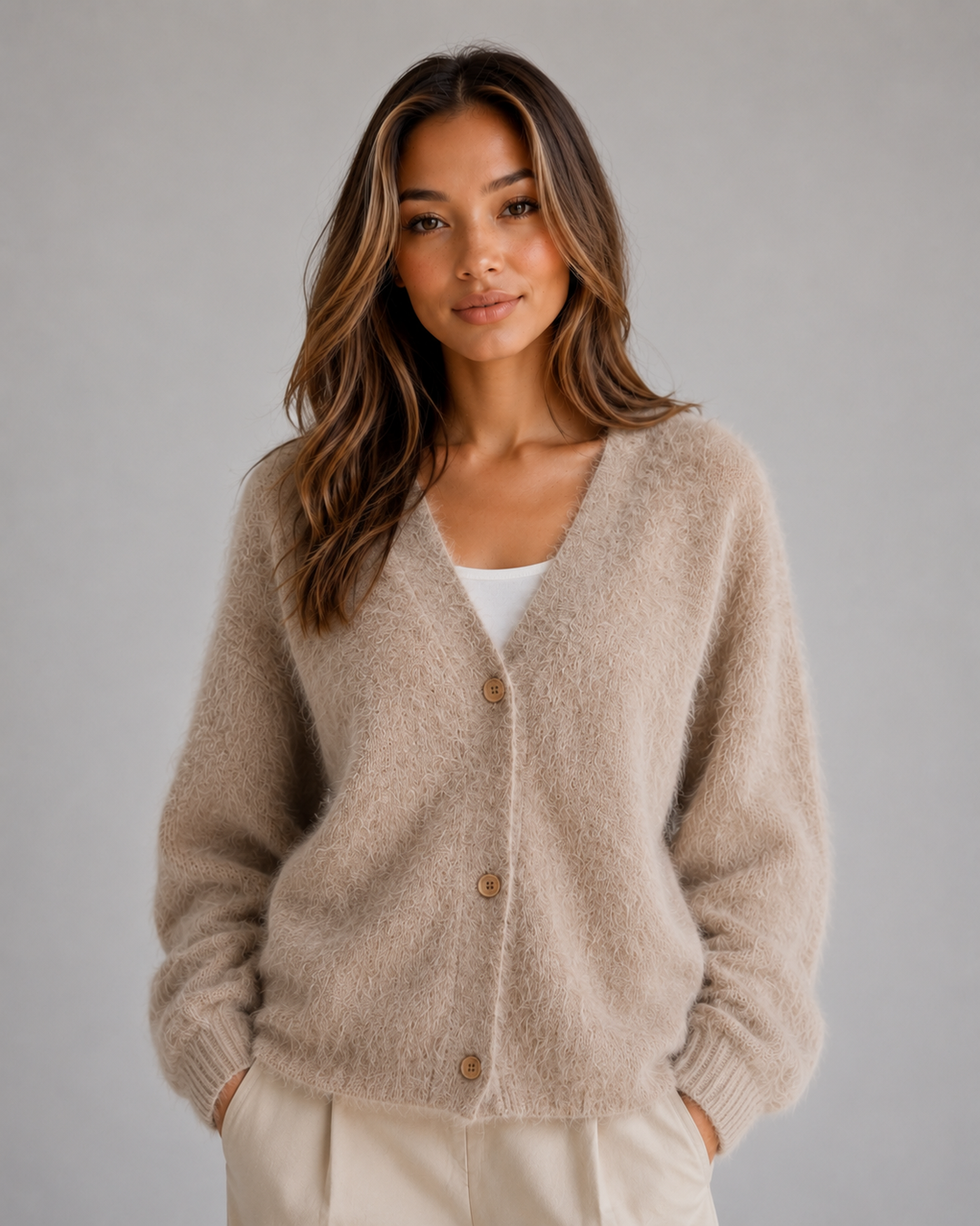 Fluffy Knit Button-Front Cardigan for Women – V-Neck, Soft-Touch, Relaxed Fit