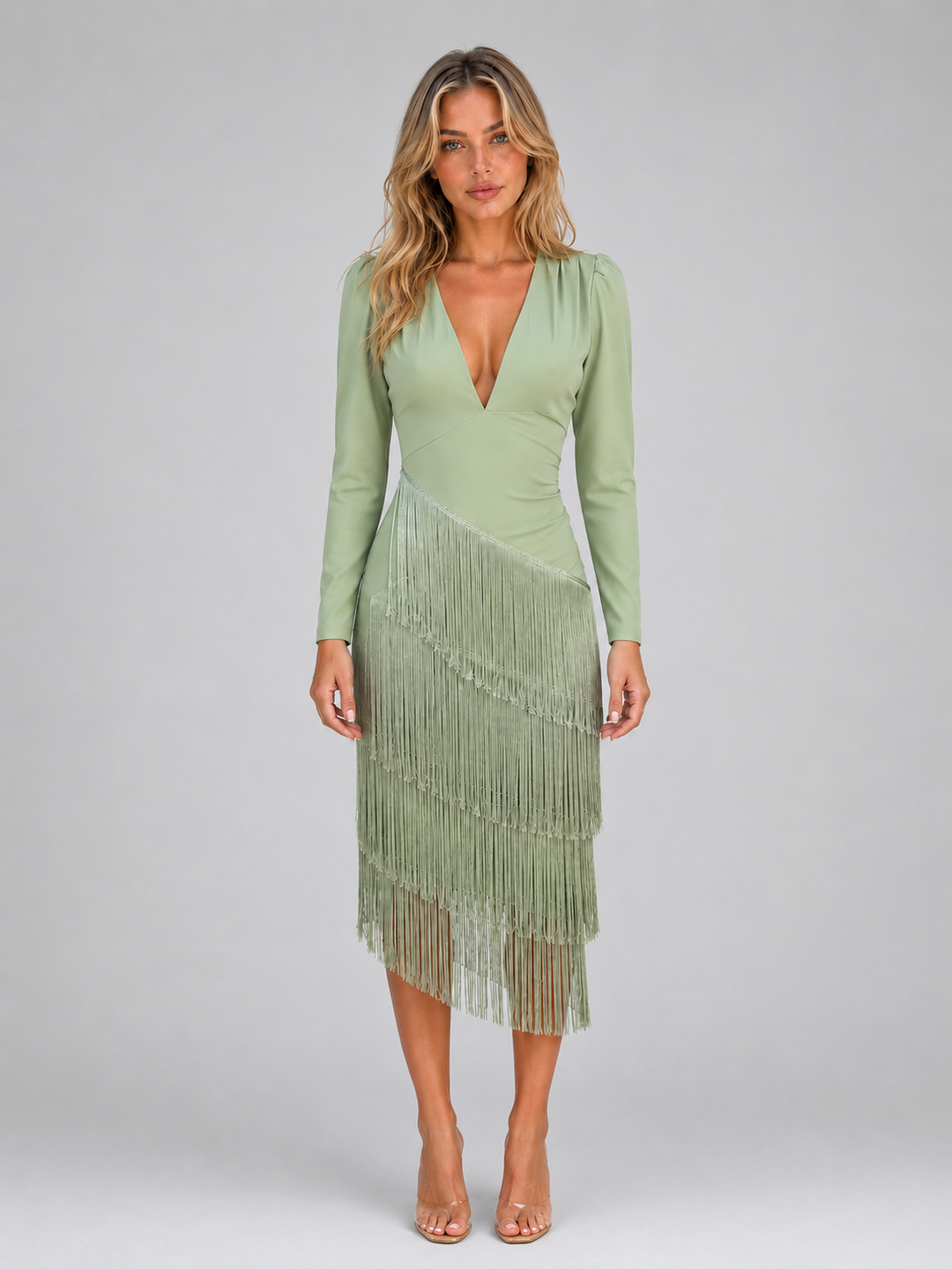 Deep V-Neck Fringe Midi Dress for Women – Long Sleeves, Stretch Fabric