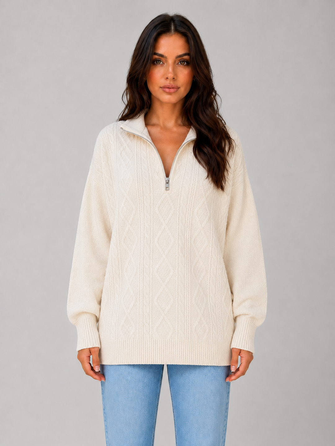 Chunky Cable Knit Half-Zip Sweater for Women – Funnel Neck, Ribbed Cuffs and Hem