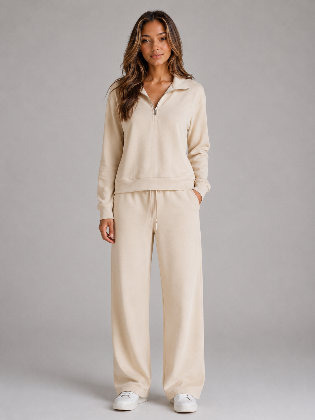 Half-Zip Sweatshirt and Wide-Leg Pants Lounge Set for Women – High Stand Collar