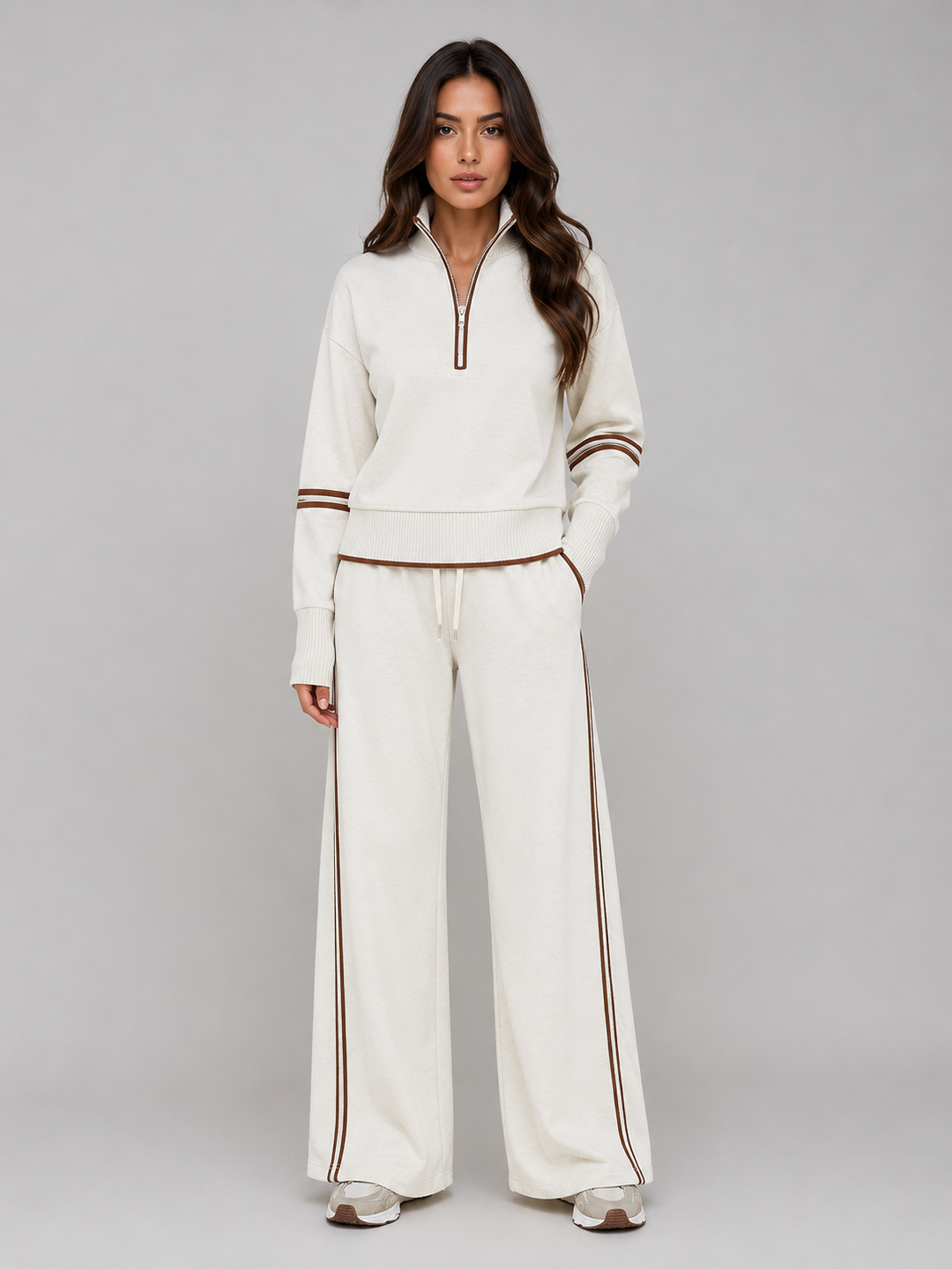 Half-Zip Funnel Neck Tracksuit Set for Women – Wide-Leg Pants, Contrast Stripe