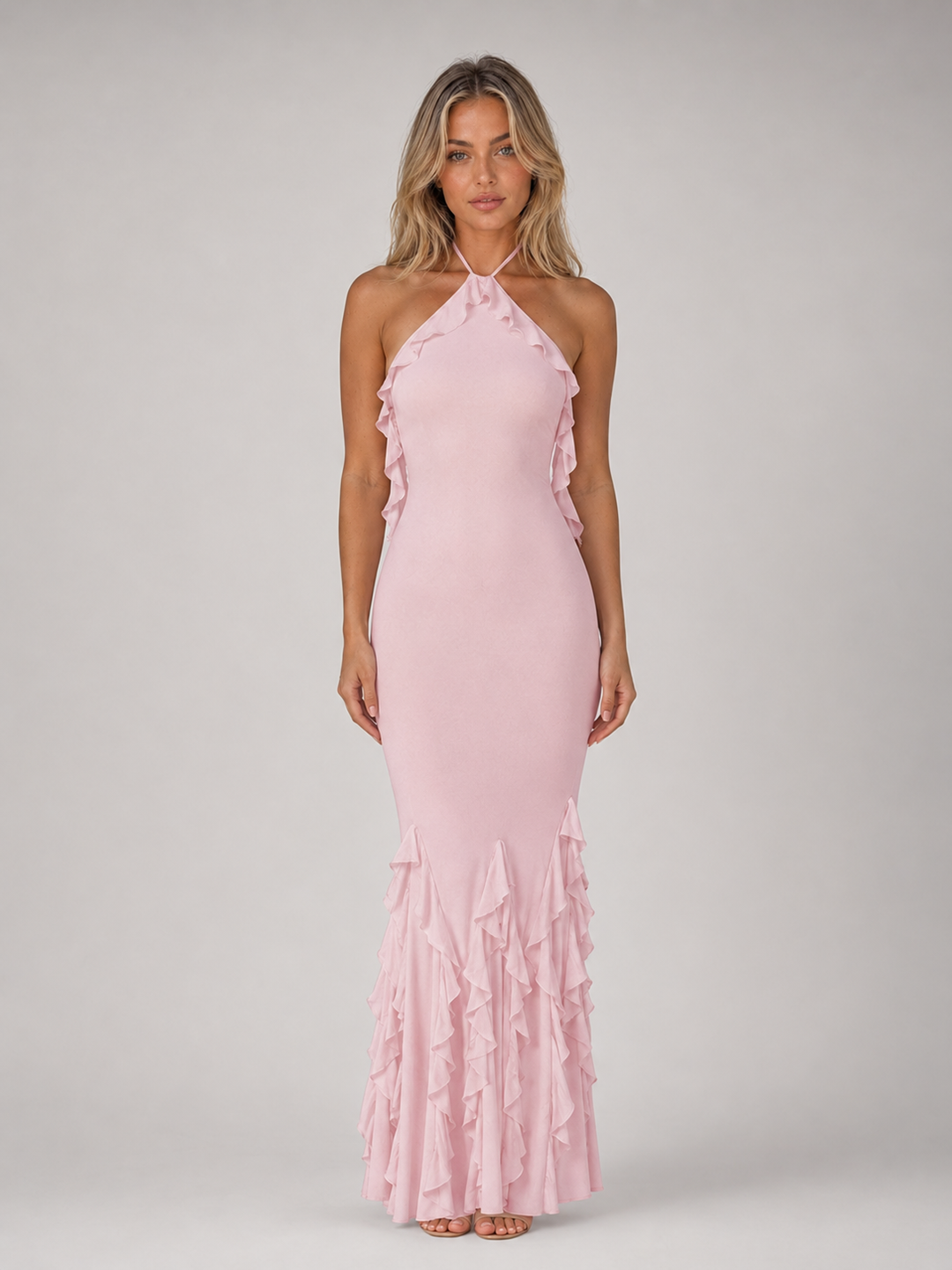 Halterneck Ruffle Maxi Dress for Women – Bodycon Fit, Fishtail Hem, Tie Fastening in Pink