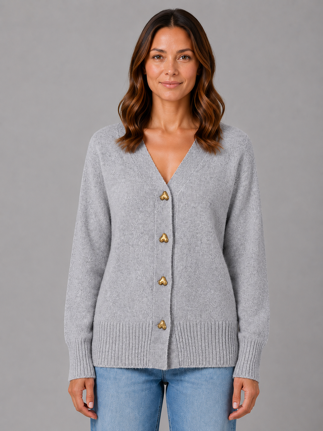 Heart Button V-Neck Cardigan for Women – Soft Knit, Ribbed Cuffs and Hem