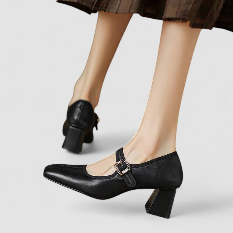 Padded Square Toe Buckle Pumps for Women – Stable Walkable Heel