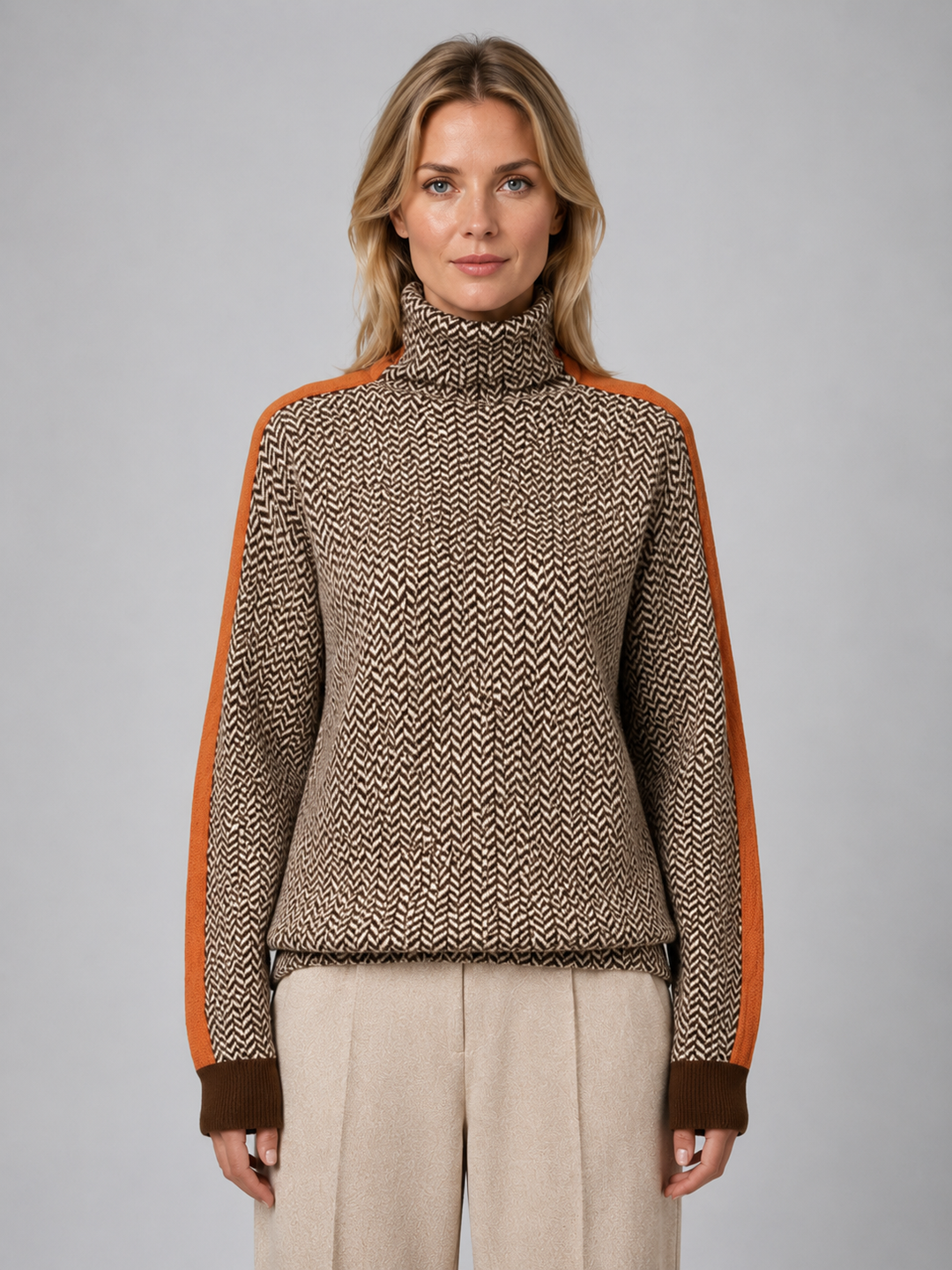 Herringbone Knit Turtleneck Sweater for Women – Dropped Shoulders, Contrast Sleeve Stripe